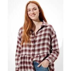American Eagle Ahh-Mazingly Soft Plaid Flannel Babydoll Top in Burgundy Medium
